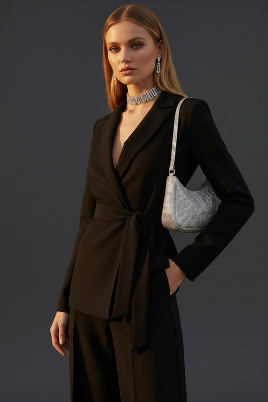 Modelo rubia con mono negro - fondo gris carbón
