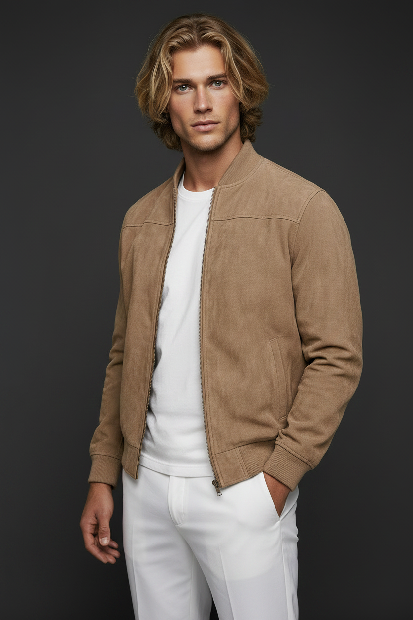Modelo rubio con chaqueta Bott - fondo gris carbón
