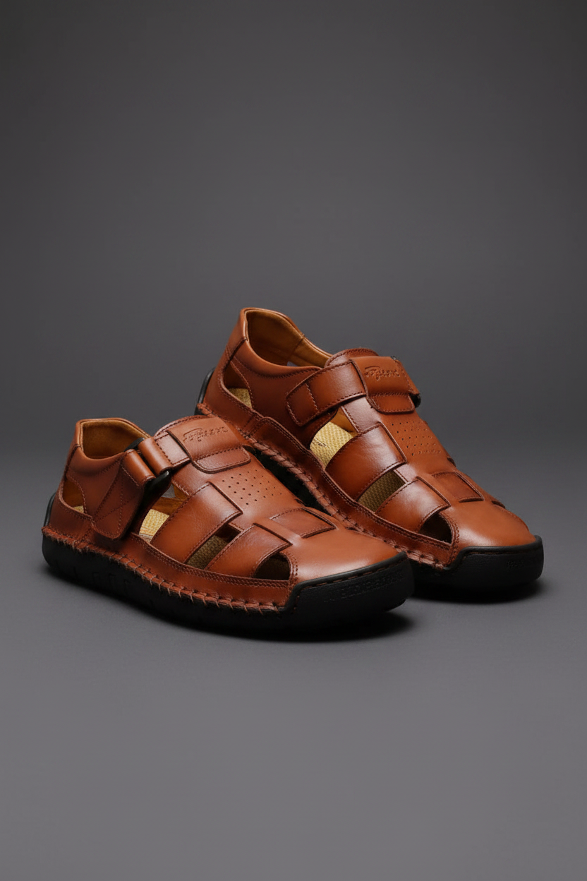 Sandalias Pedro cuero marrón - fondo gris carbón