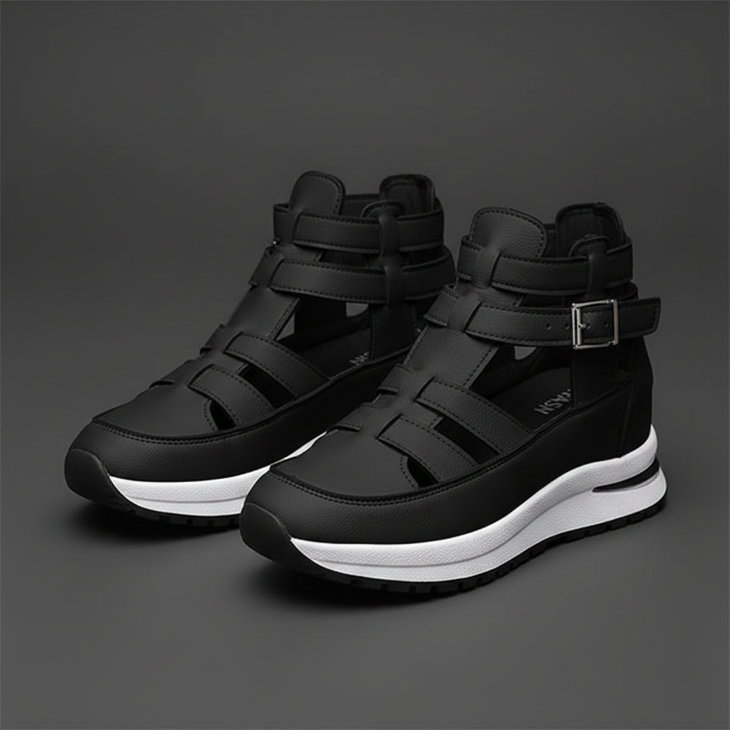 Zapatilla sandalia gladiadora negra - fondo gris carbón