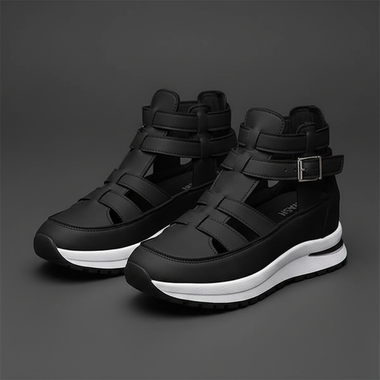 Zapatilla sandalia gladiadora negra - fondo gris carbón